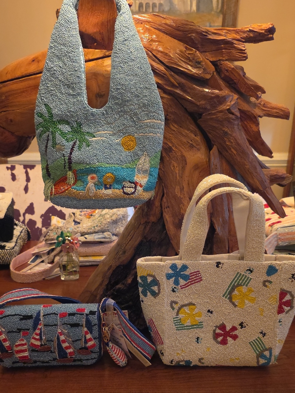 Seaside Beach Themed Embroidered Beaded Tote Bags - 3 Purse Lot